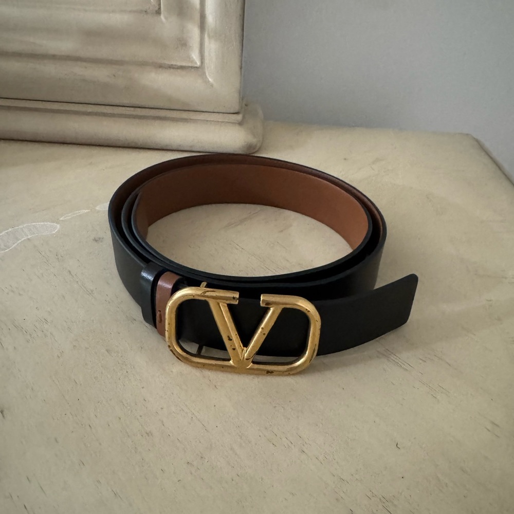 Valentino Black and Tan Belt with Gold Logo Buckle